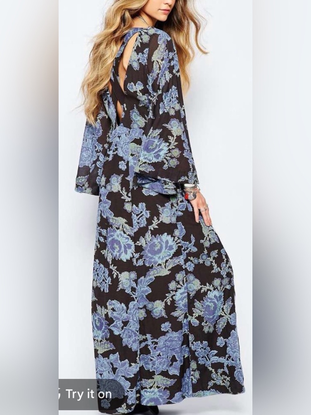 Free People Floral V-Neck Maxi Dress in Black and Blue